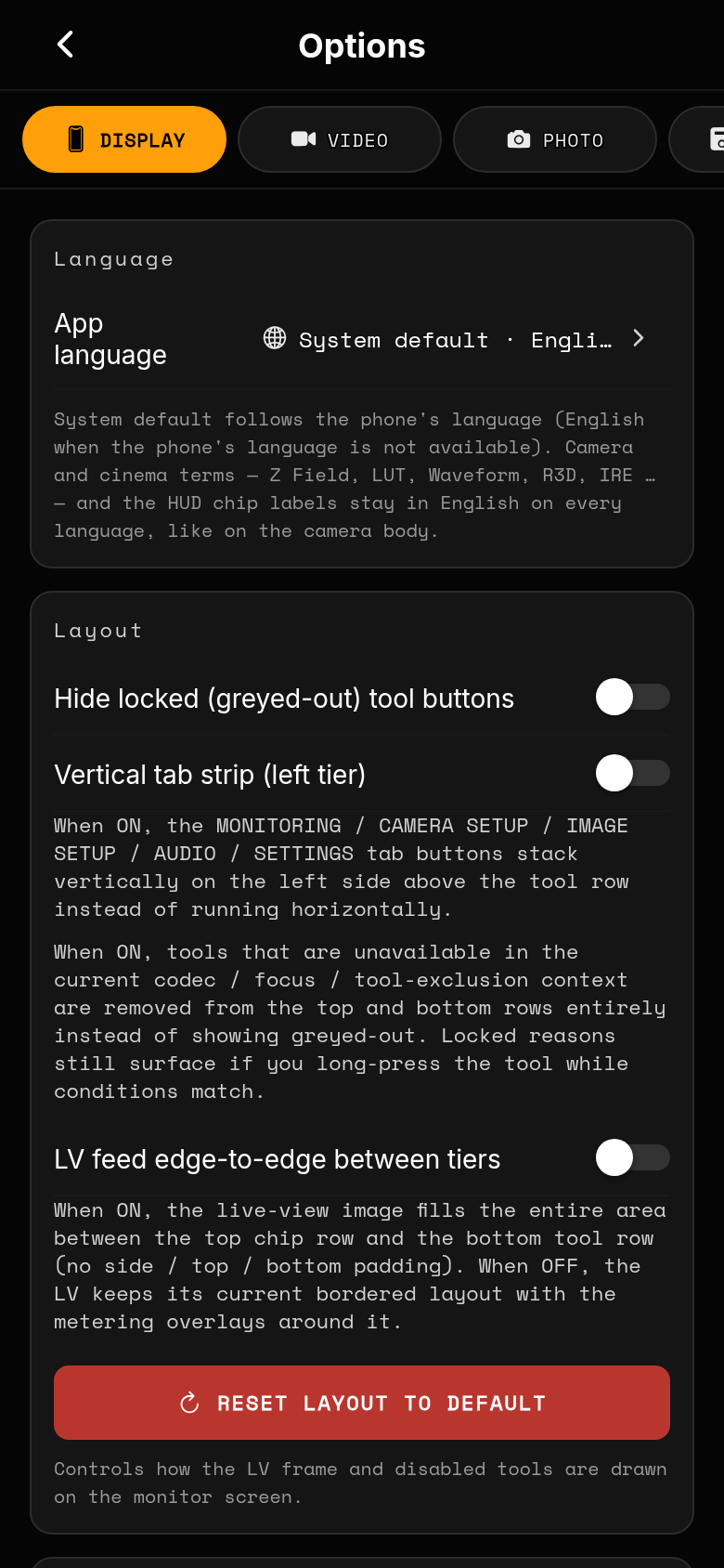 Options (settings) screen