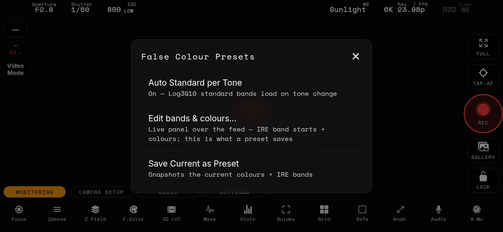 False Colour presets sheet (long-press)
