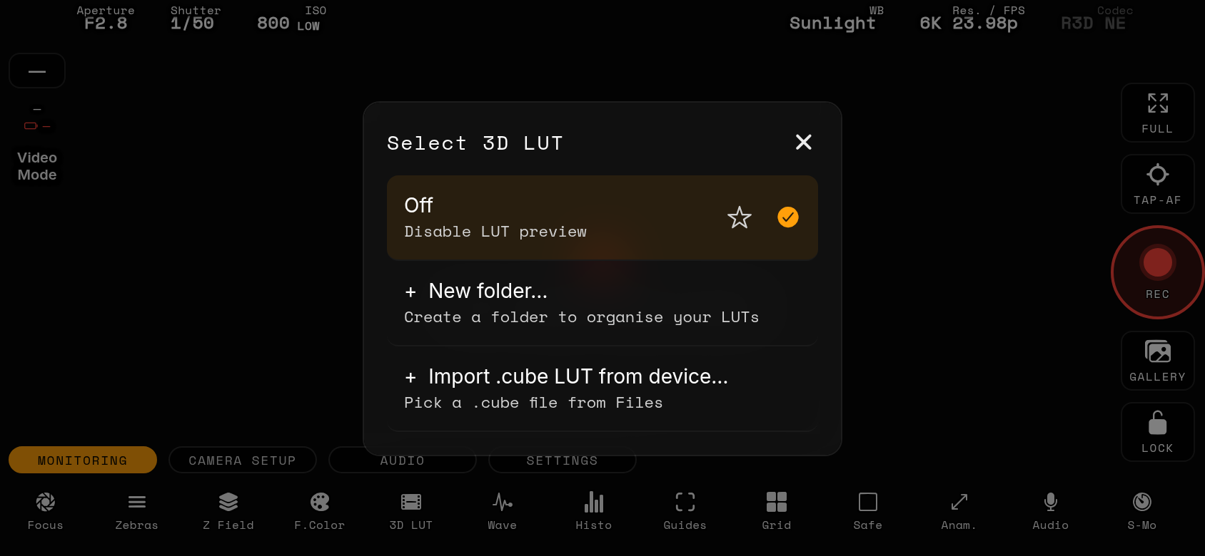 3D LUT picker (long-press)