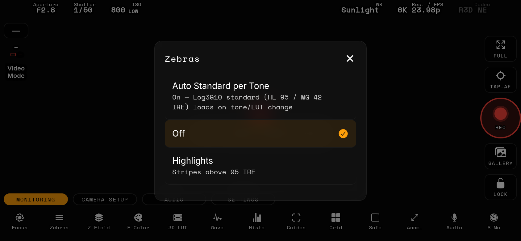 Zebras options sheet (long-press)